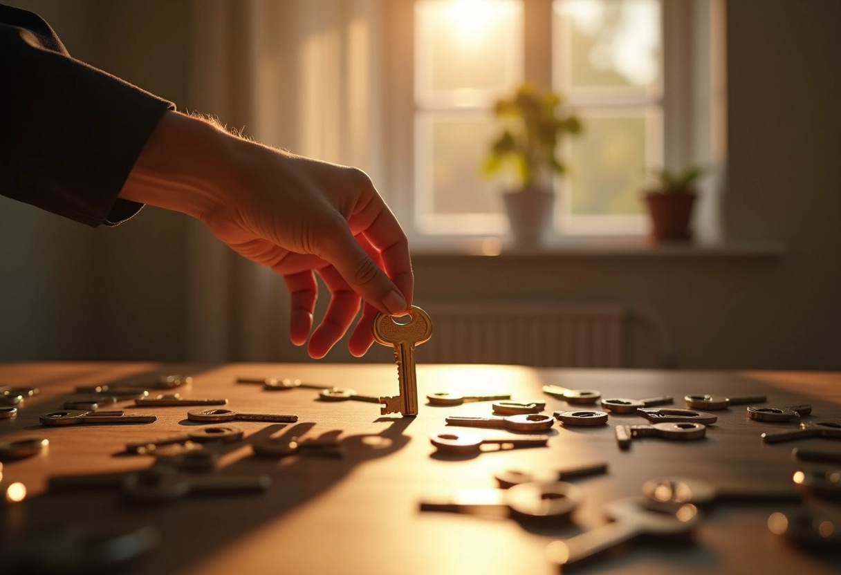 Main sélectionnant une clé dorée sur une table ensoleillée