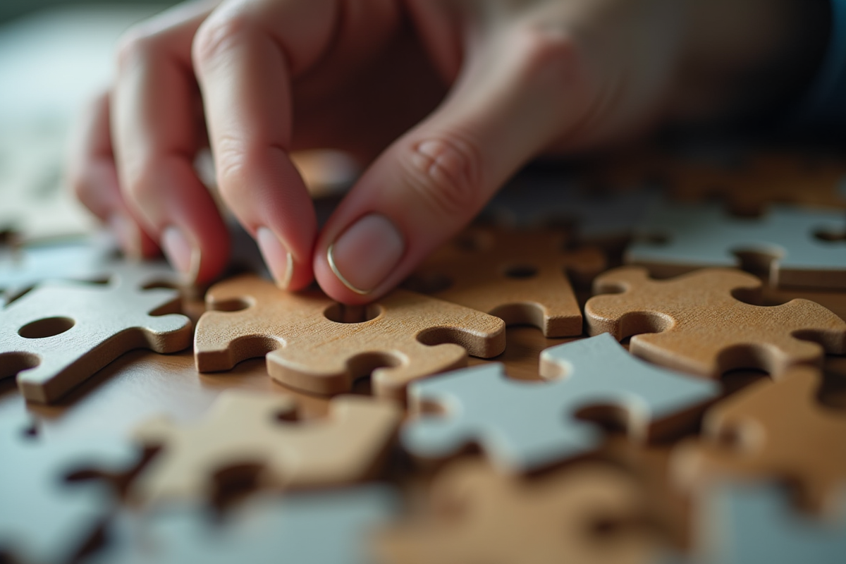 Main délicate remplaçant une pièce de puzzle dans un montage subtil