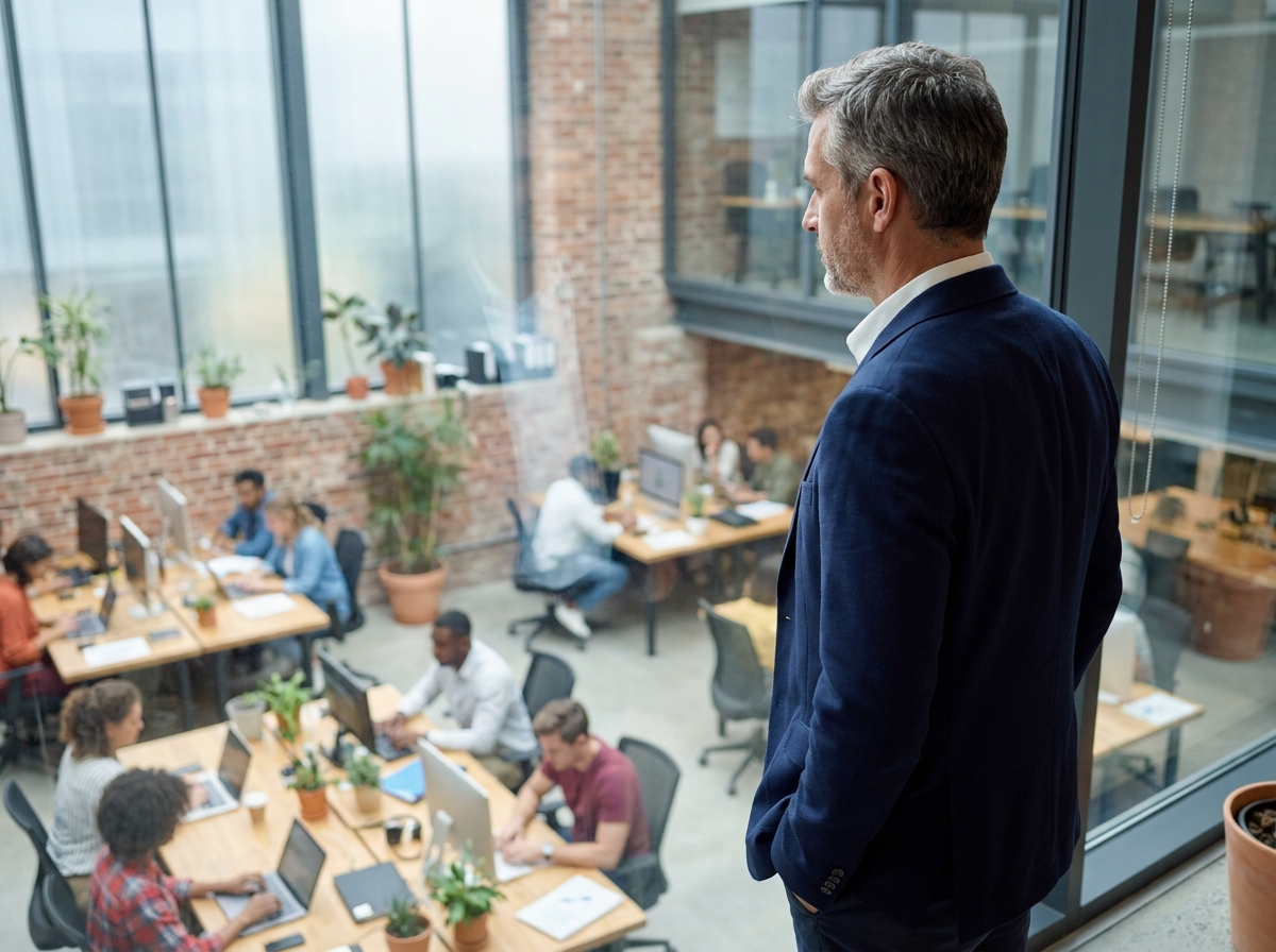 Manager regardant par la fenêtre dans un bureau moderne