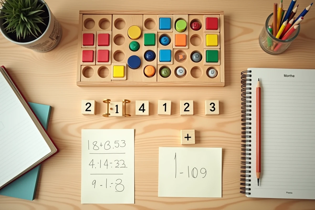 Vue de dessus du matériel de jeu Montessori pour les tables de multiplication disposé sur un bureau en bois à la maison