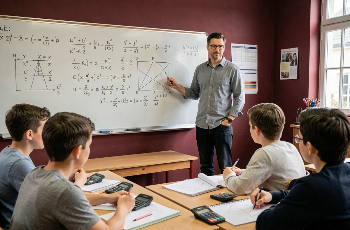 Un professeur spécialisé en mathématiques expliquant des équations à des élèves dans une salle de classe en Bourgogne