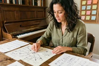 Femme étudiant la clef de fa sur des partitions annotées avec une carte mentale manuscrite sur un bureau en bois