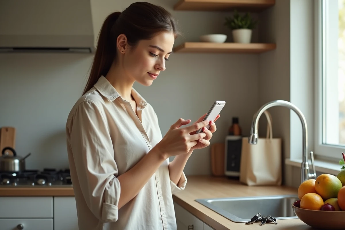Une mère consultant l'ENT eschool Touraine sur son smartphone lors d'une matinée chargée