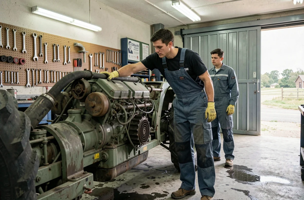 Apprenti en maintenance agroéquipement travaillant sur un tracteur dans l'atelier de la MFR des Pays de la Loire