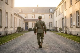 Militaire en tenue de terrain traversant la cour d'une caserne à l'aube