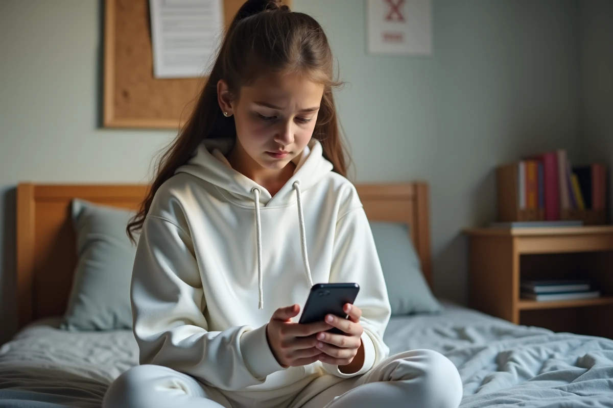 Adolescente tentant de récupérer son mot de passe NÉO Yvelines sur smartphone dans sa chambre