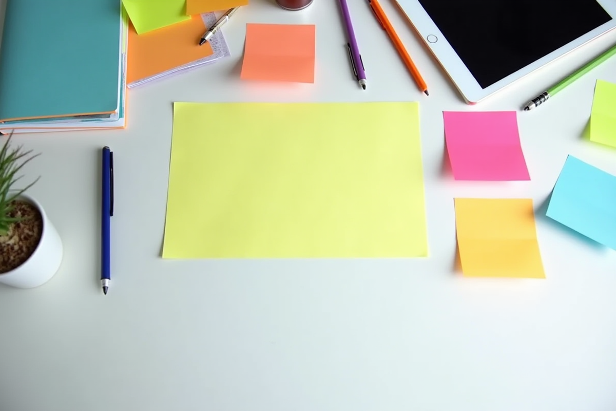 Notes colorées et tablette sur un bureau blanc en plan vu