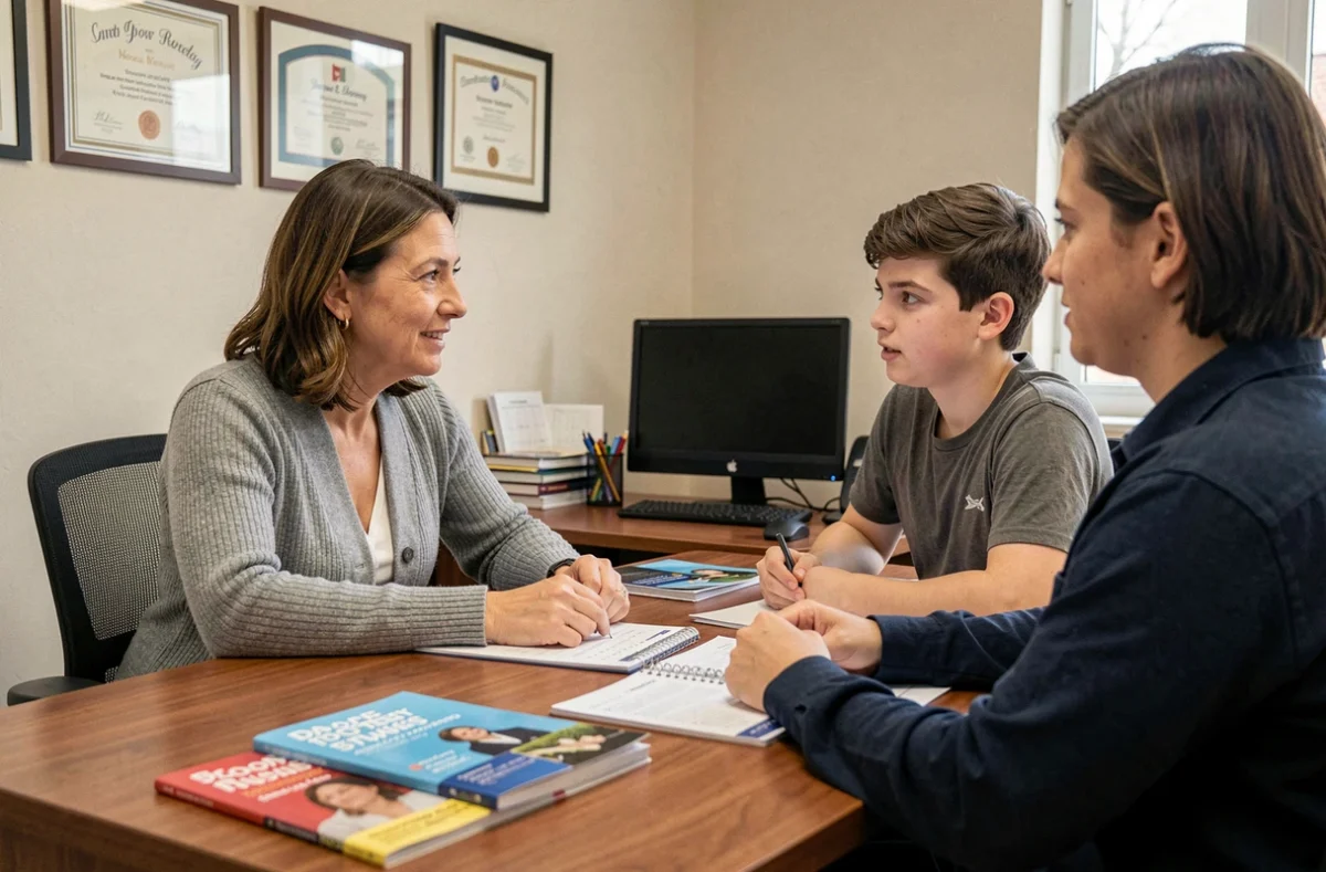 Conseillère pédagogique de Numéro 1 Scolarité discutant du suivi scolaire avec un élève et son parent