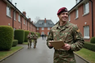 Officier militaire en camouflage souriant devant logement