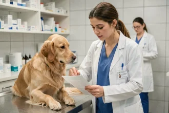 Jeune femme en alternance ASV GIPSA examinant un chien dans une clinique vétérinaire moderne