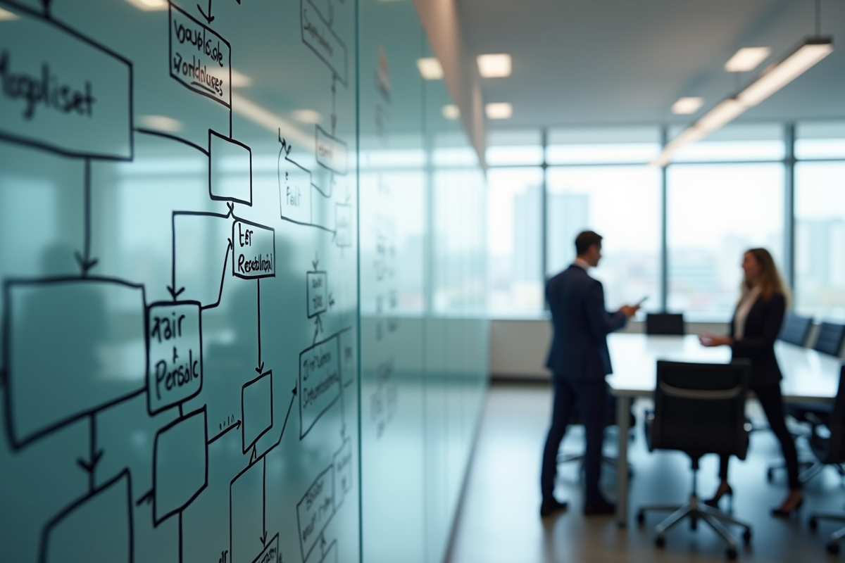 Organigramme sur un mur dans un espace de travail lumineux