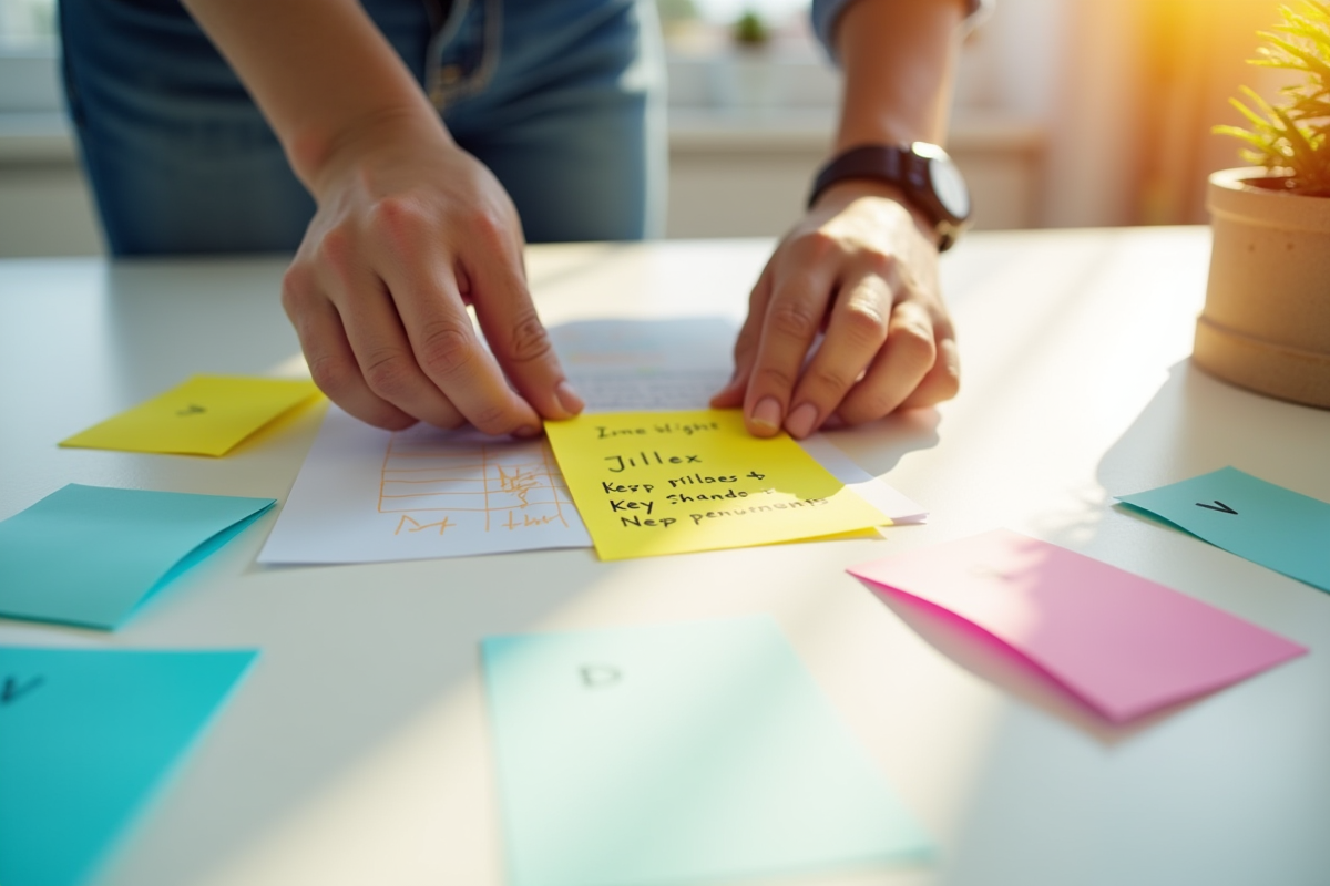 Mains organisant des notes autocollantes colorées sur un bureau