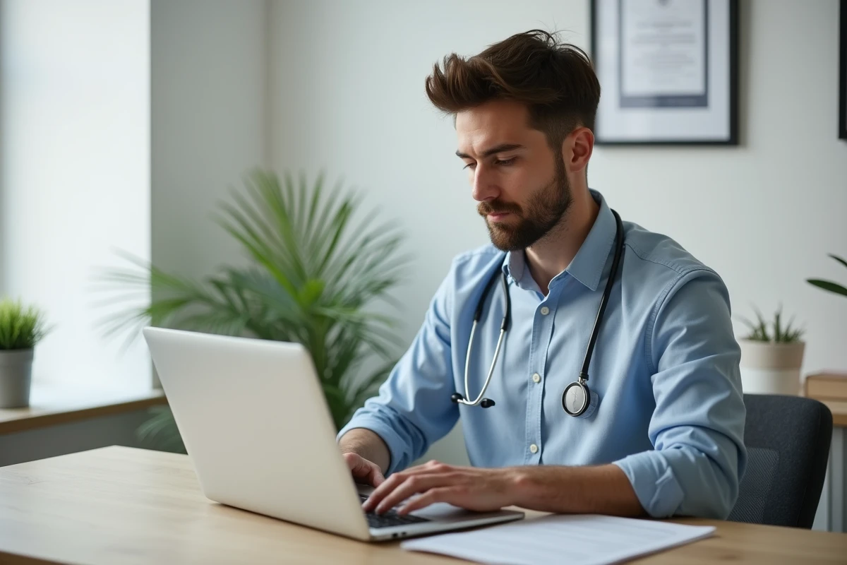 Jeune osteopathe travaillant sur son ordinateur dans son bureau