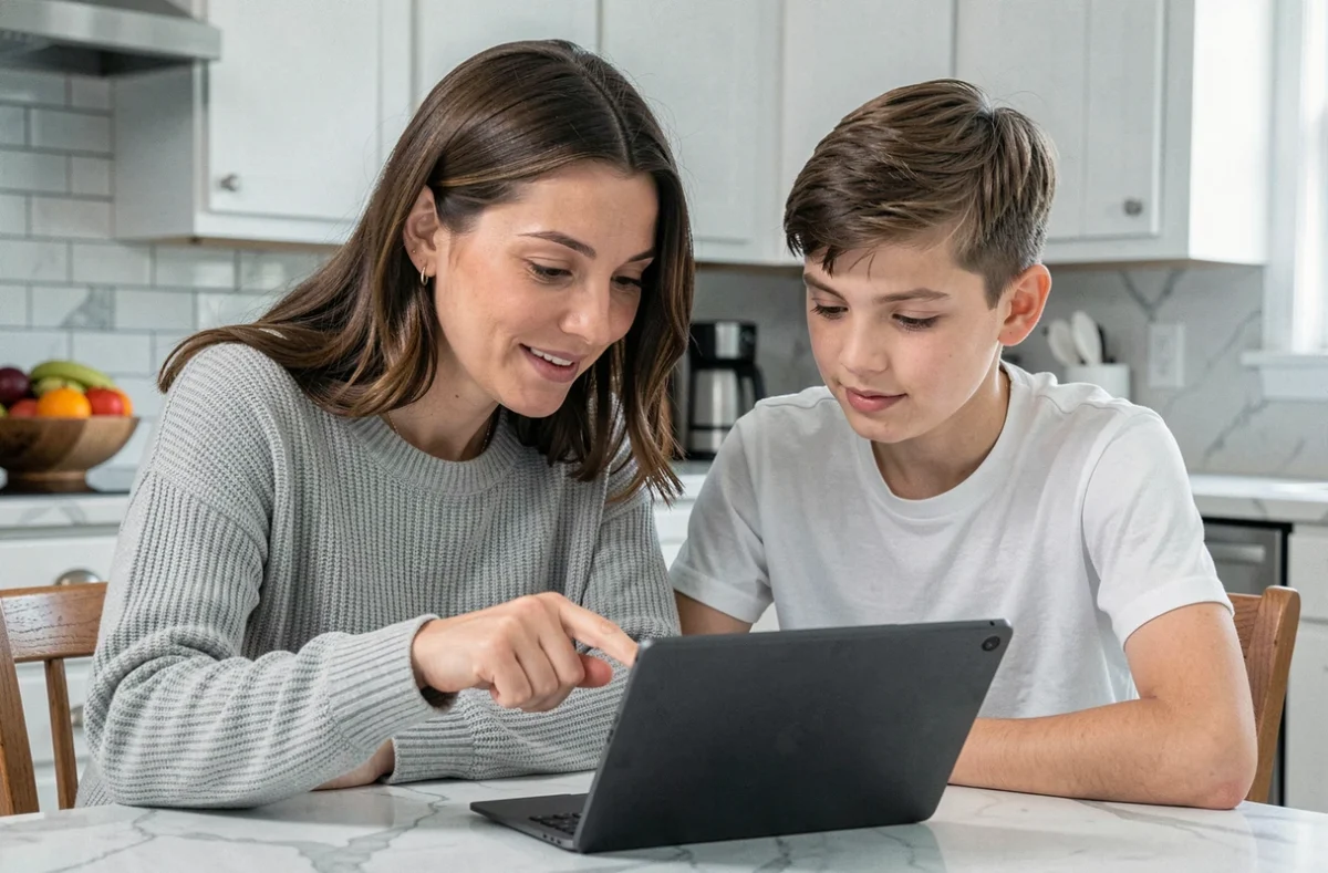 Mère et fils consultant ensemble le guide d'utilisation d'Entaix sur une tablette dans la cuisine