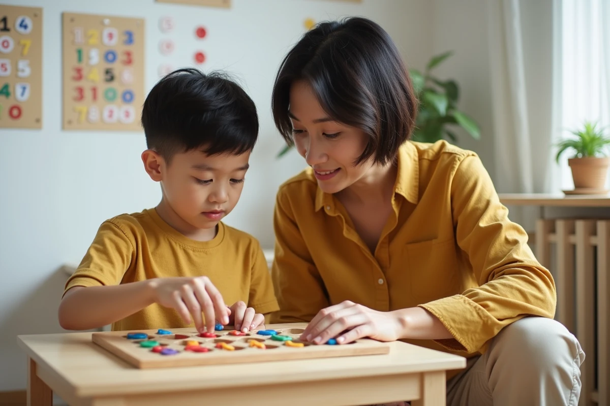 Mère guidant son fils dans l'apprentissage des tables de multiplication avec un matériel Montessori en coin école à la maison