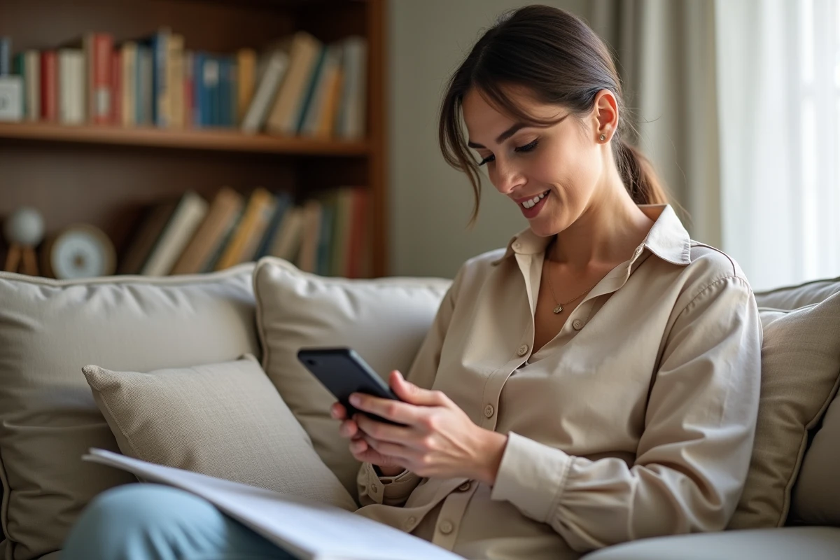Parent consultant le portail numérique Mon e-collège Loiret sur smartphone depuis le salon