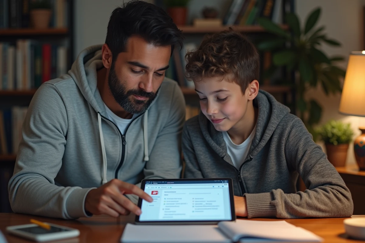 Un père aidant son adolescent à naviguer sur l'ENT scolaire eschool Touraine sur une tablette