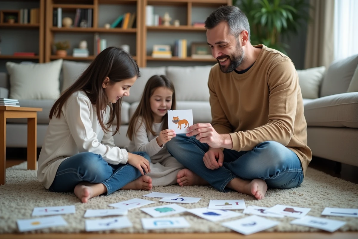 Père et deux filles jouant avec des flashcards arabes illustrées sur le tapis du salon