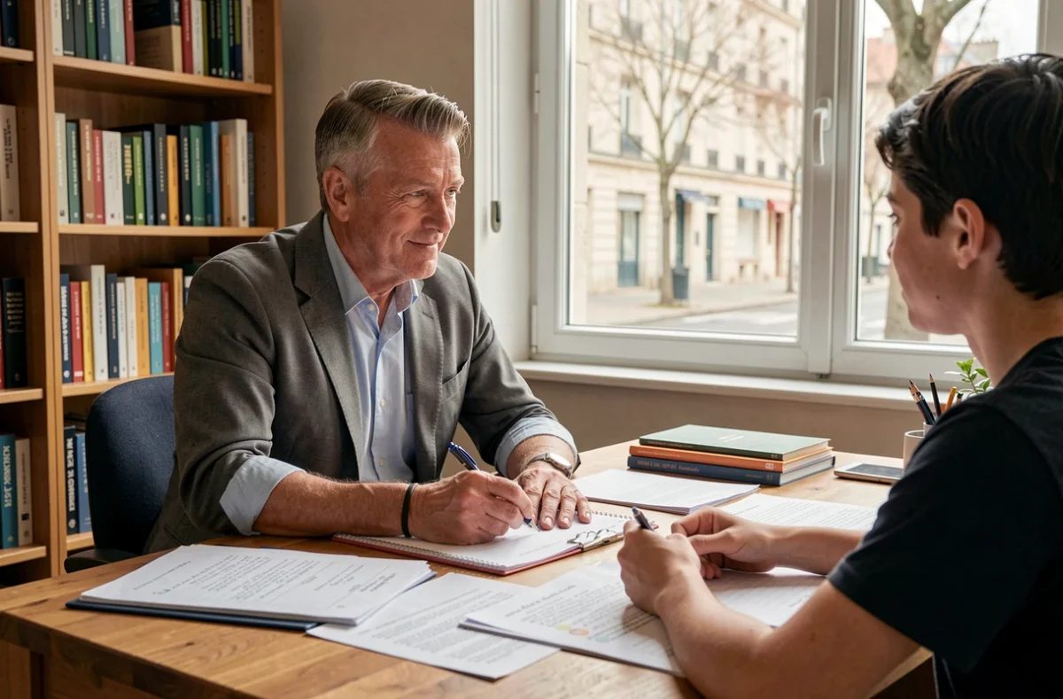 Philippe Monnin, professeur particulier indépendant, donnant un cours privé à un élève dans son bureau à domicile
