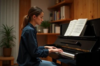 Femme pianiste lisant une partition en clé de FA sur un piano droit dans une salle de pratique à domicile