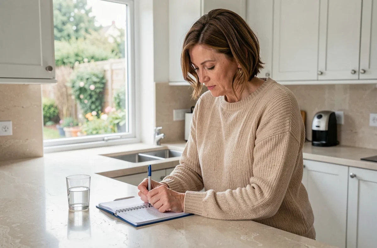 Enseignante notant sa préparation de classe dans un petit agenda minimaliste dans une cuisine moderne