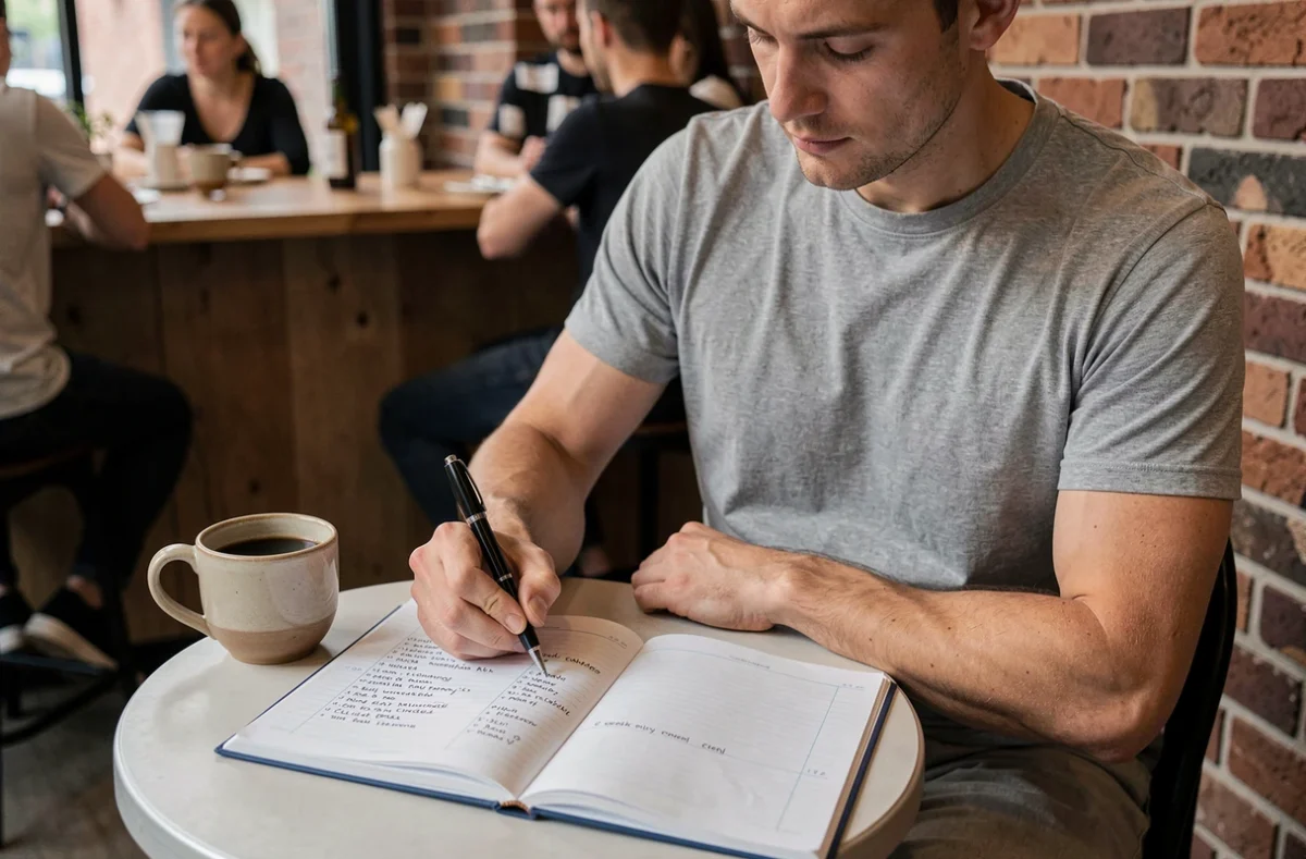 Professeur préparant ses cours de façon minimaliste dans un carnet ouvert dans un café parisien