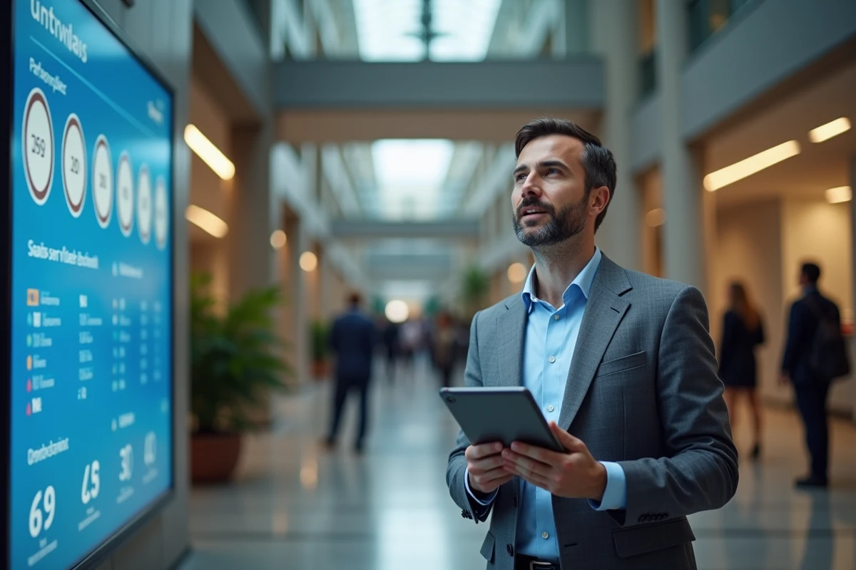 Professionnel pr&eacute;sentant les performances r&eacute;elles des &eacute;coles de commerce face au classement SIGEM sur un &eacute;cran num&eacute;rique dans un atrium moderne
