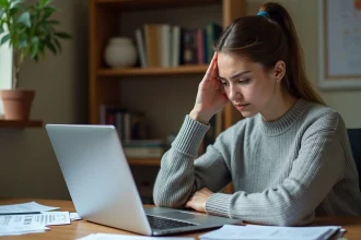Jeune femme frustrée devant un message d'erreur sur le portail Cyclades pour la gestion des examens