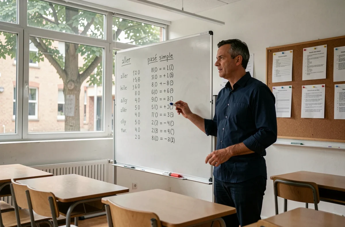 Professeur de français expliquant les formes du passé simple du verbe aller au tableau blanc dans une salle de classe