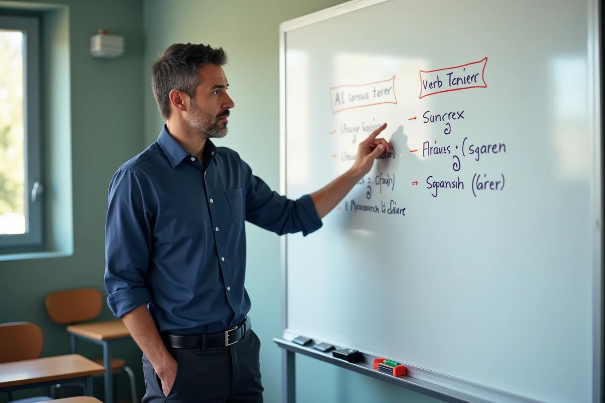 Professeur d'espagnol montrant un tableau de conjugaison du passé simple de tener avec les erreurs courantes annotées en rouge