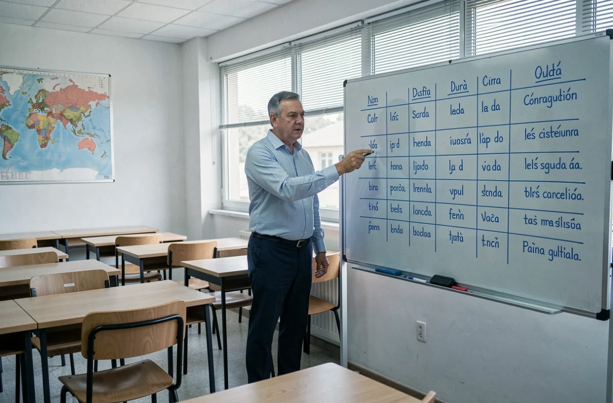 Professeur d'espagnol expliquant les conjugaisons de l'imparfait et du subjonctif au tableau blanc dans une salle de classe