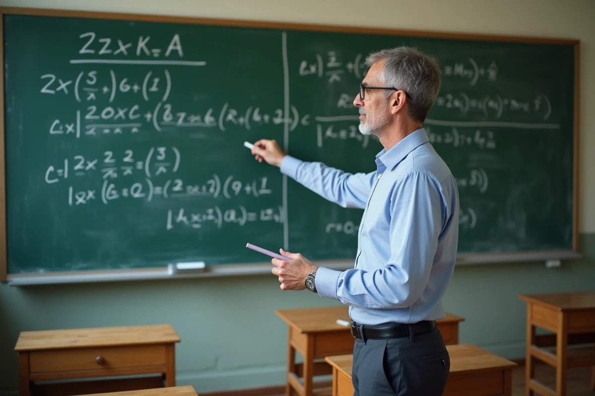 Professeur de mathématiques expliquant l'inversion d'une matrice 2x2 au tableau dans une salle de classe