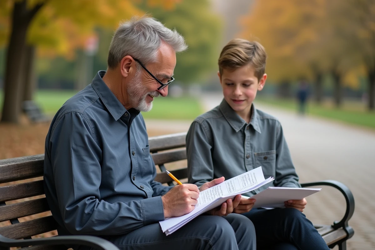 Homme et enfant apprenant le français en plein air