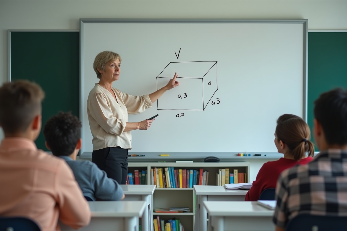 Professeure dessinant un cube avec formule V=a³ en classe
