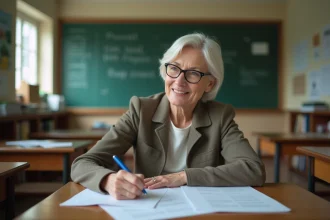 Professeure d'âge moyen corrigeant des copies dans une salle de classe