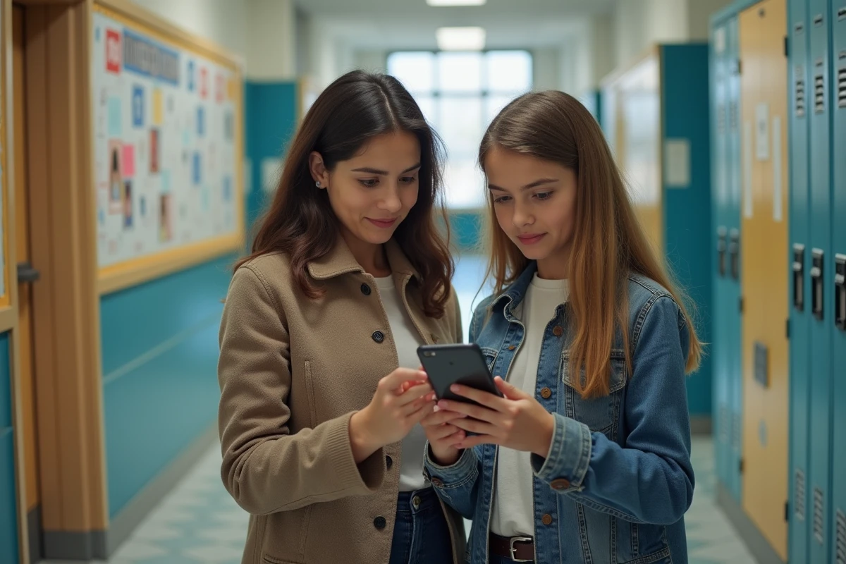 Professeure et lyceenne regardant un smartphone dans le couloir