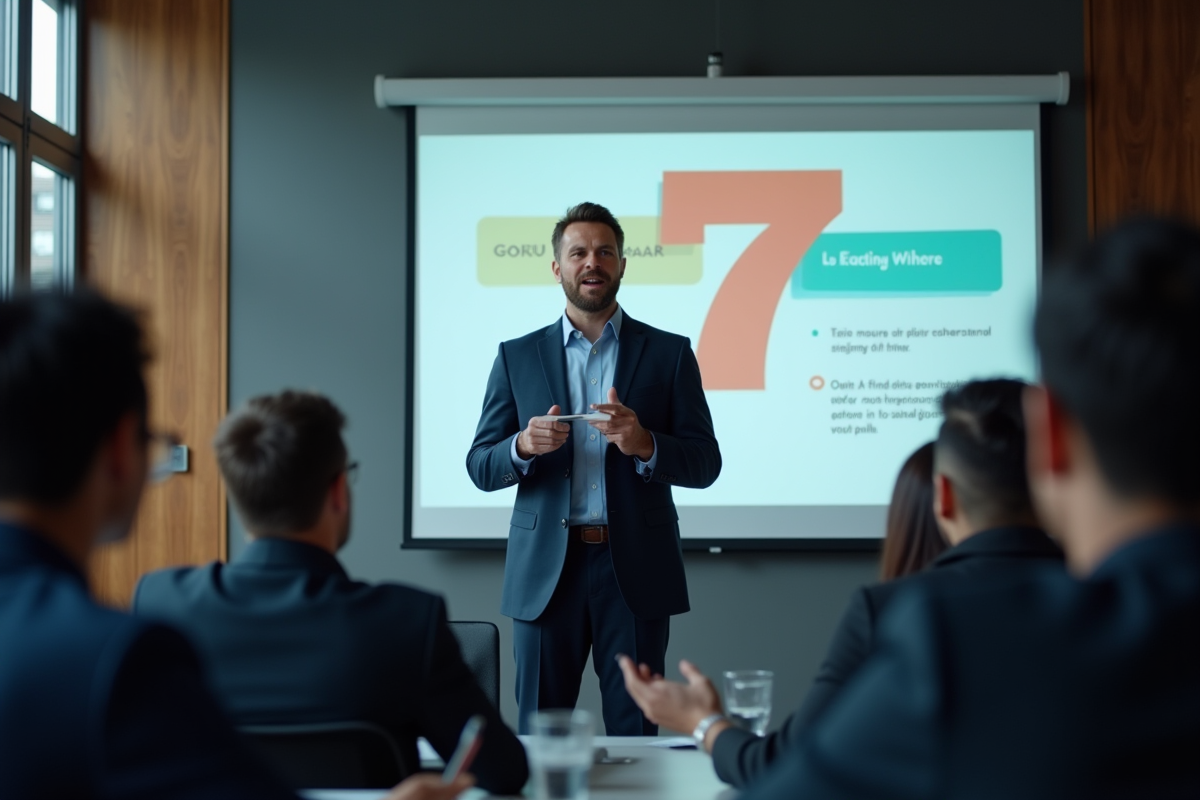 Professionnel confiant donnant un pitch devant un public