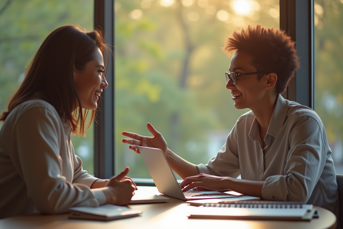 Deux professionnels discutant dans un bureau lumineux