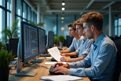 Trois professionnels IT autour d'&eacute;crans en open space