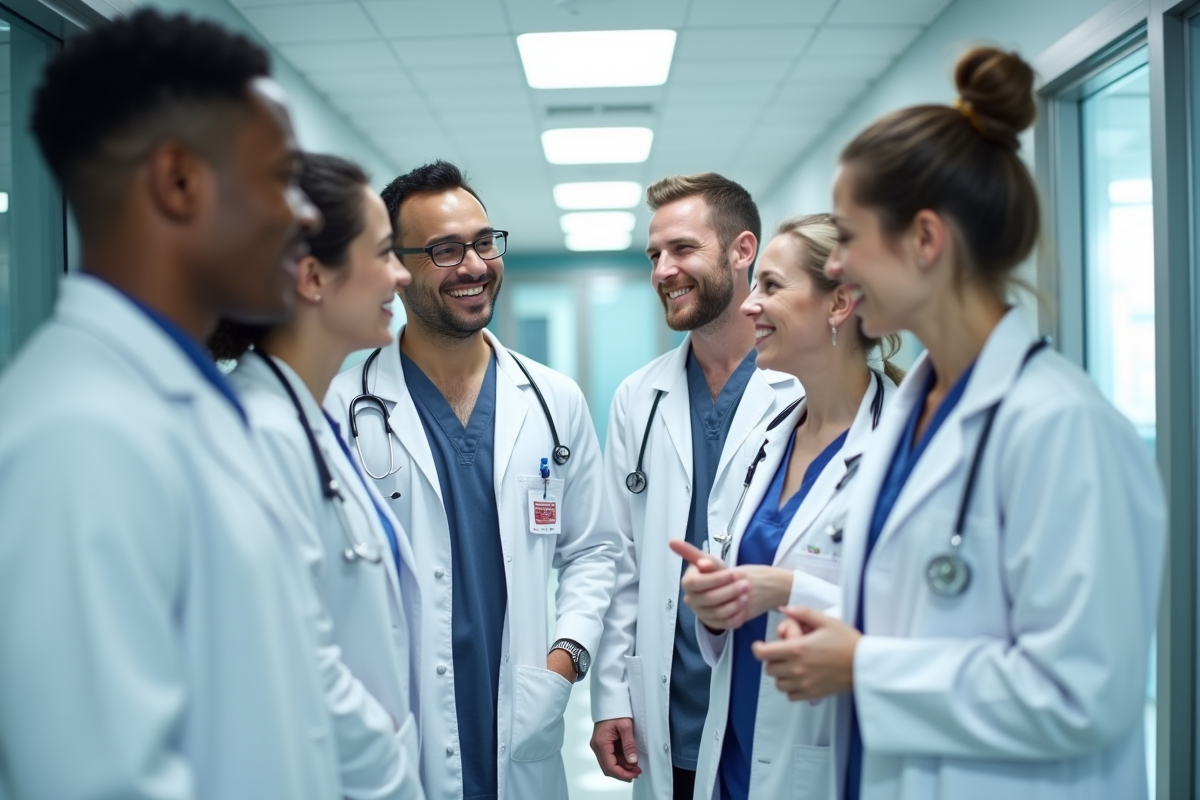 Groupe de professionnels de santé souriants dans un hôpital moderne