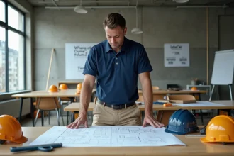 Homme en reconversion professionnelle étudiant des plans de construction dans un centre de formation CPF au métier du bâtiment