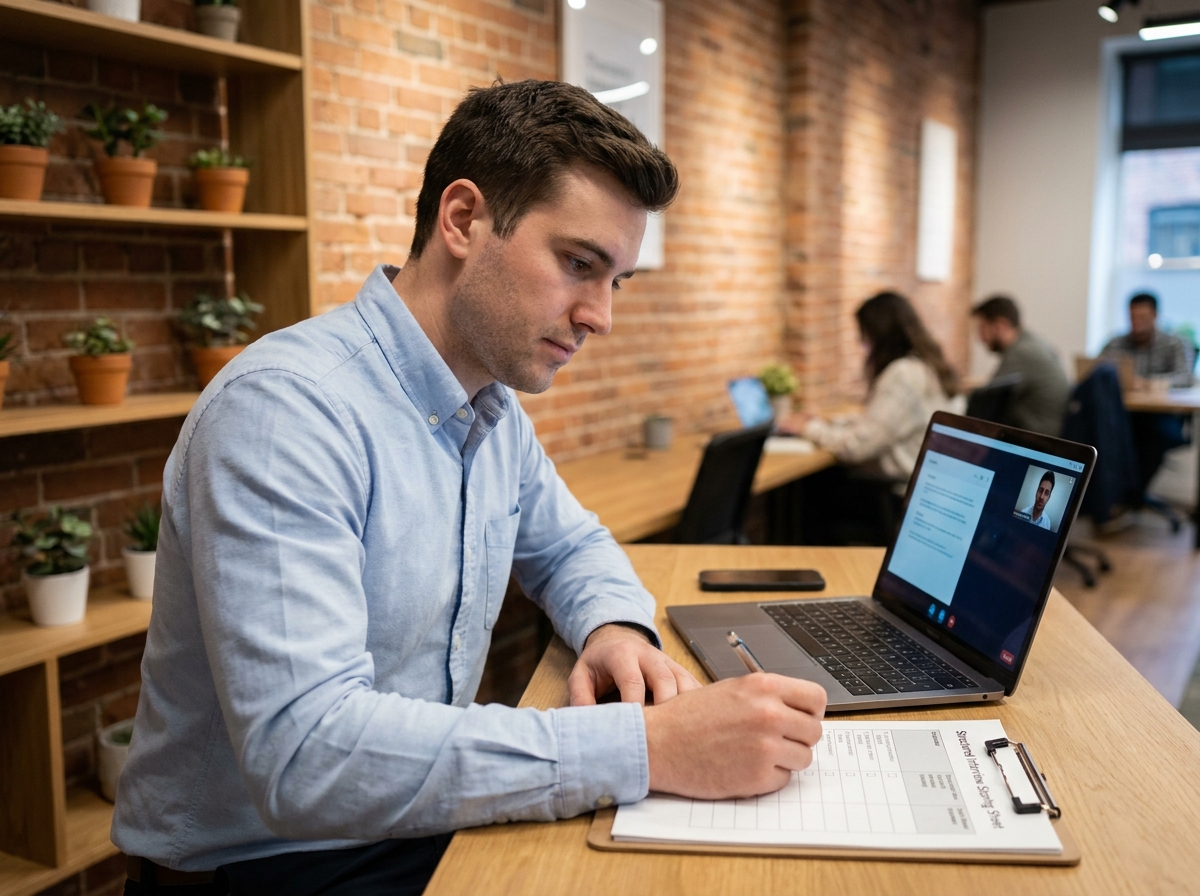 Recruteur évaluant un candidat en entretien vidéo tout en remplissant une grille de notation structurée