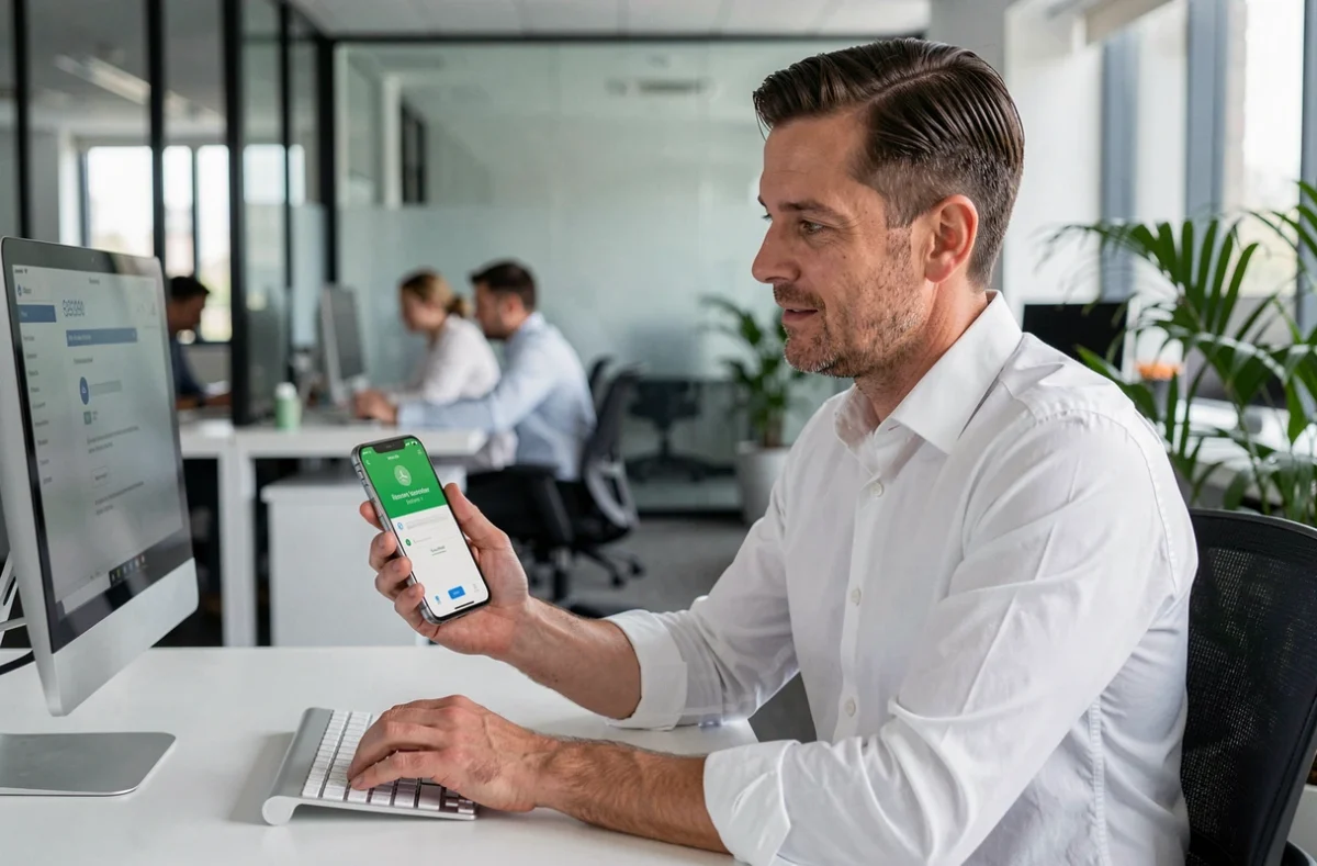 Homme en bureau professionnel consultant son téléphone pour récupérer l'accès à son compte via une procédure de mot de passe oublié