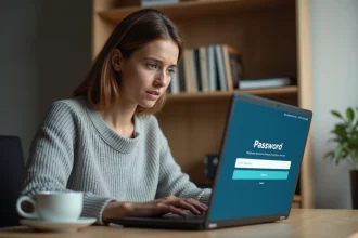 Femme récupérant l'accès à son compte en ligne via un formulaire de réinitialisation de mot de passe sur un ordinateur portable