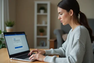 Femme récupérant son mot de passe sur un portail en ligne depuis un bureau à domicile