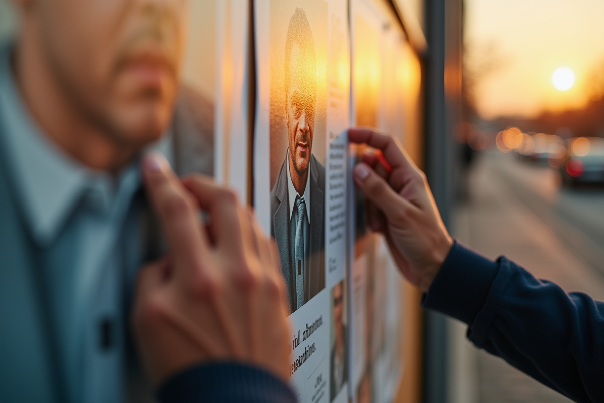 Mains ajustant une affiche publicitaire en extérieur