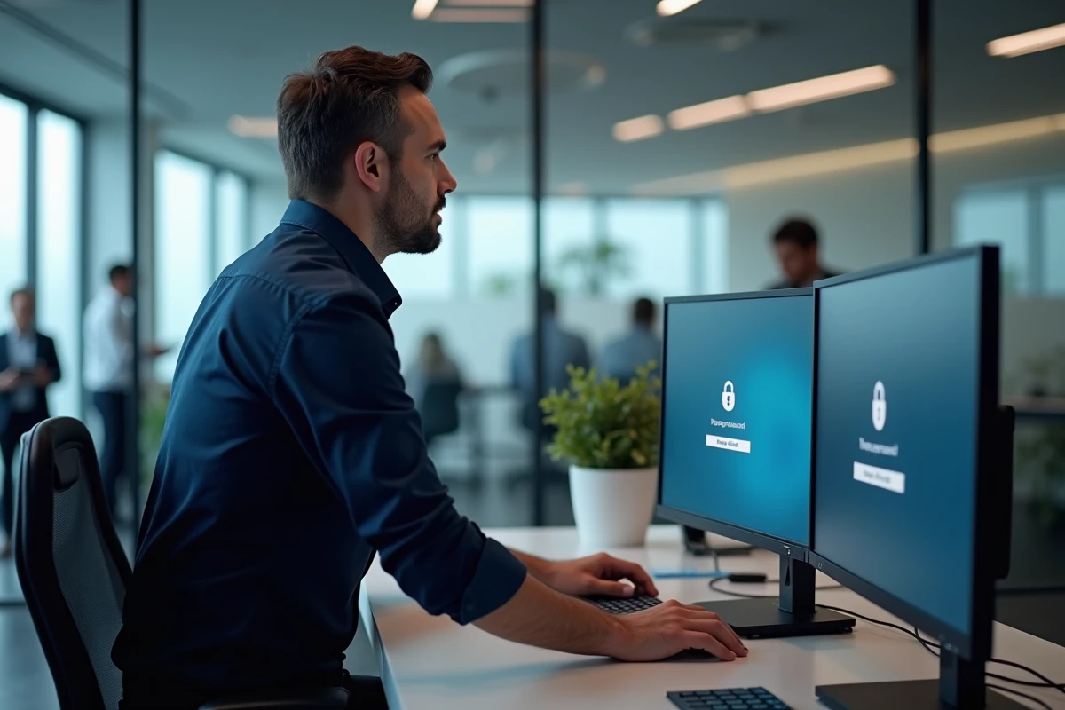 Homme en bureau professionnel tentant de récupérer son identifiant et mot de passe sur un poste informatique sécurisé