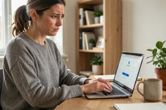 Femme en télétravail tentant de réinitialiser son mot de passe sur une application en ligne depuis son bureau à domicile