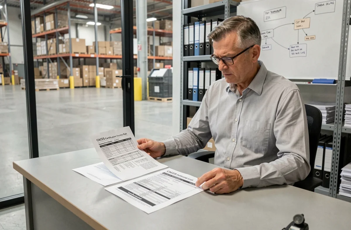 Responsable logistique comparant les prix de formation CACES 5 et les taux de réussite de différents organismes certifiés