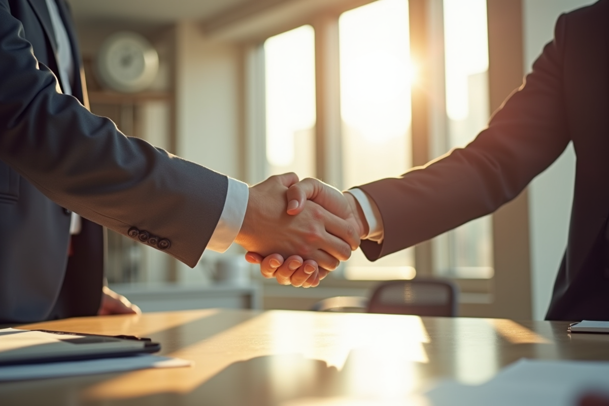 Réunion professionnelle entre fournisseur et client en office lumineux